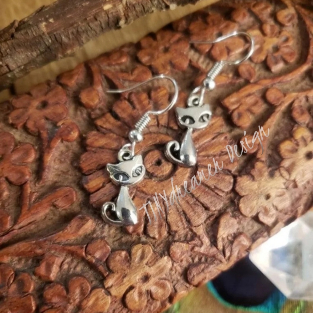 Cat earrings Meow Silver Kitty Feline Pet Animal Lover gift idea Halloween Witch - Picture 4 of 9